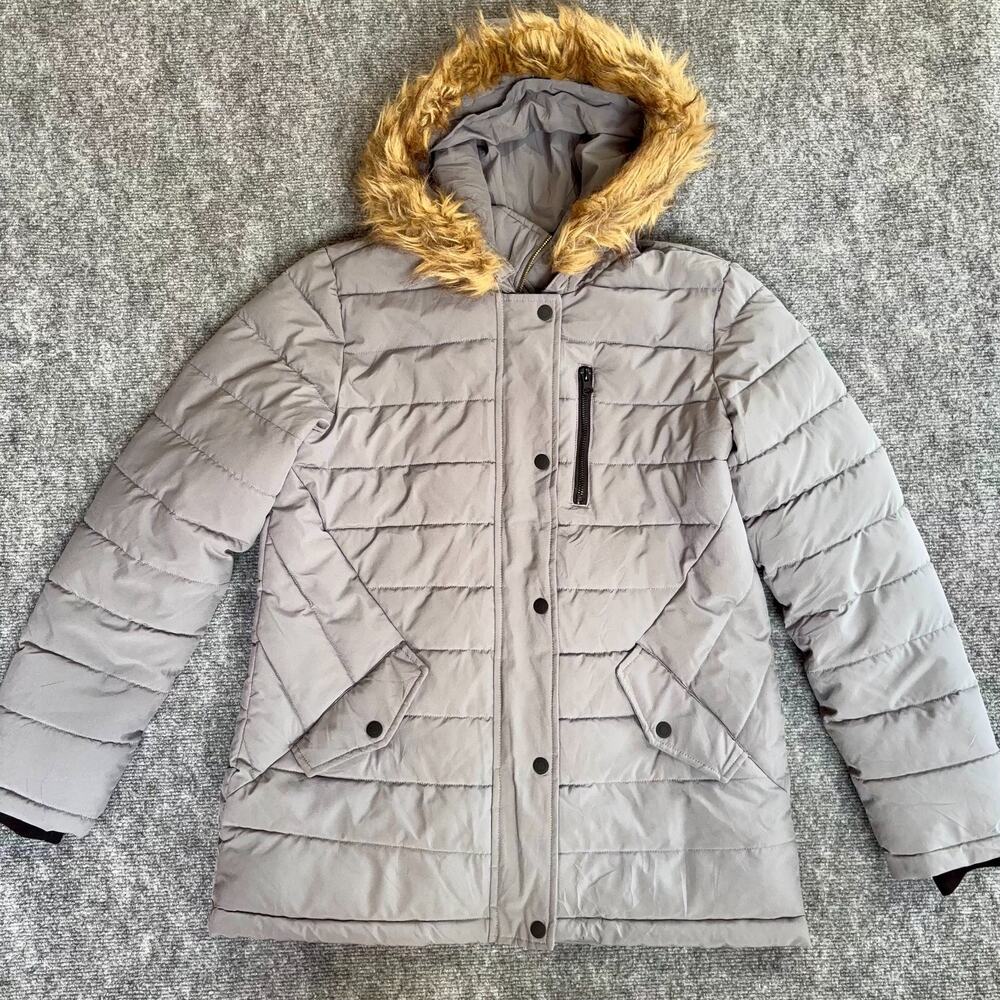 Swiss Tech Womens Puffer Jacket Small 4-6 Gray Faux Fur Hooded Parka Coat Winter